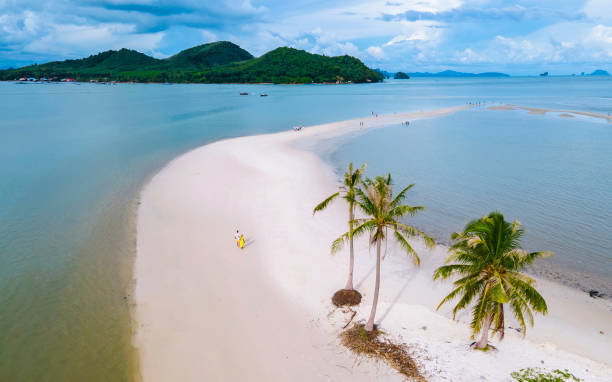 couple of men and women walking on the beach at the Island Koh Yao Yai Thailand, beach with white sand and palm trees.